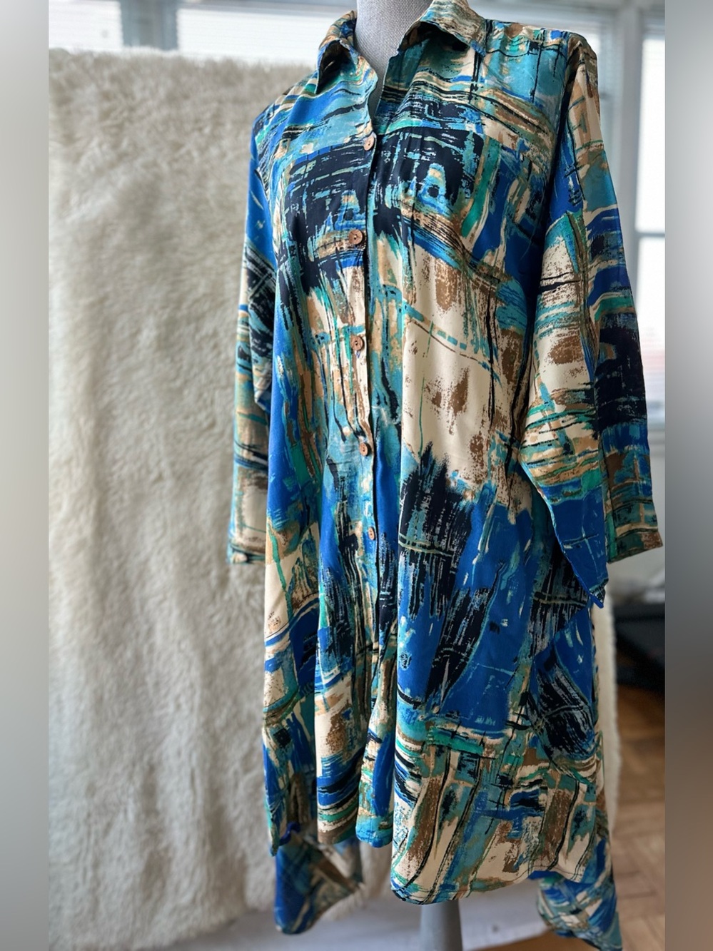Asymmetrical Swing Dress in a Beautiful Blue Abstract Watercolors Palette - Picture 3 of 15